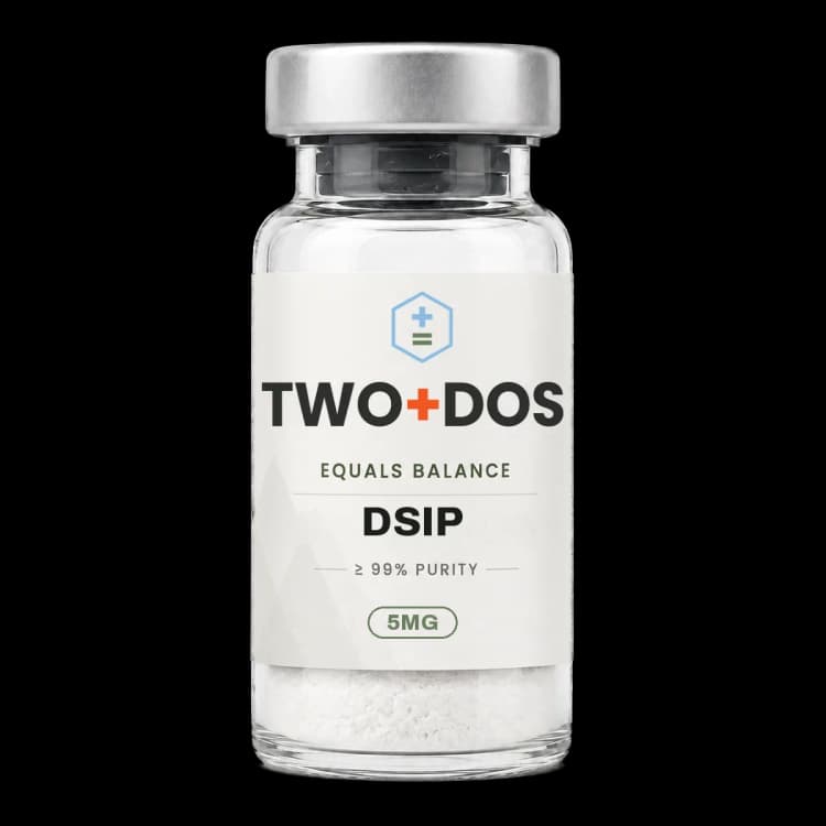 DSIP research vial, lyophilized powder, TWO+DOS label