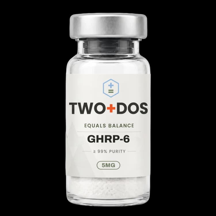 GHRP-6 research vial, lyophilized powder, TWO+DOS label