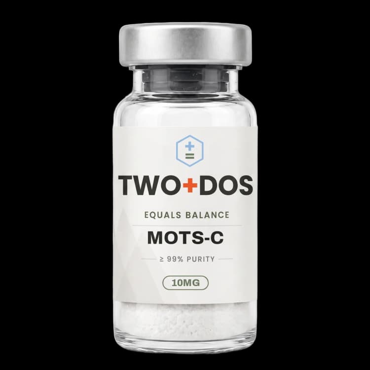 MOTS-c research vial, lyophilized powder, TWO+DOS label