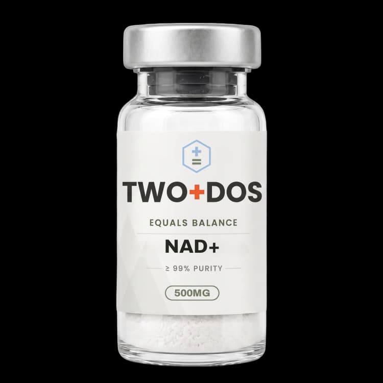 NAD+ research vial, lyophilized powder, TWO+DOS label