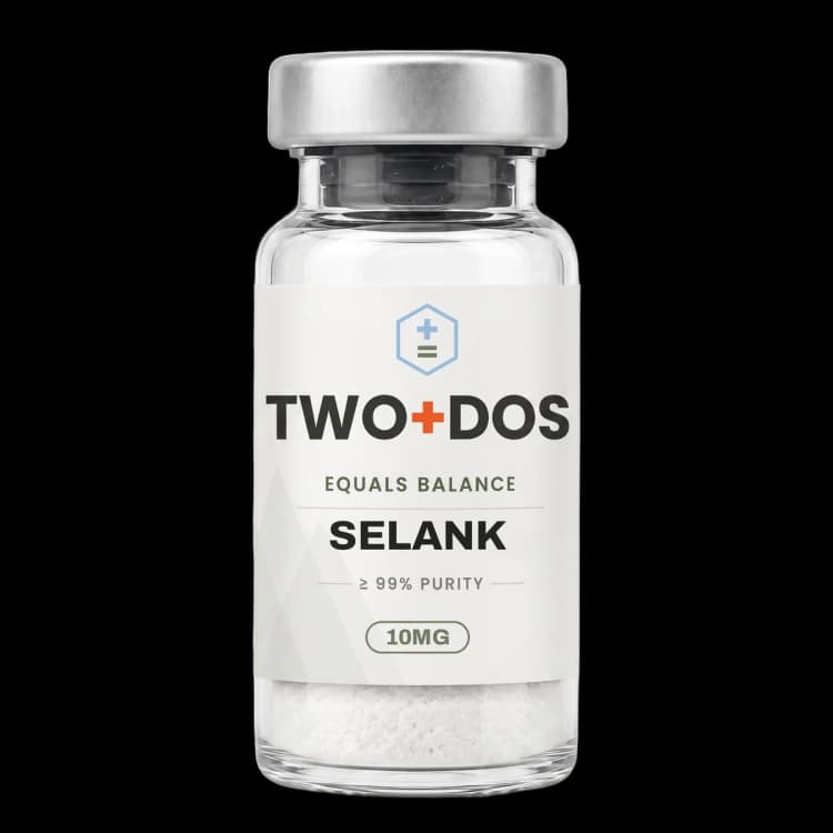 Selank research vial, lyophilized powder, TWO+DOS label