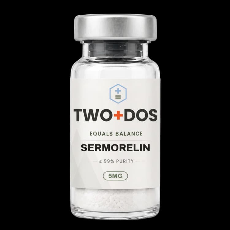 Sermorelin research vial, lyophilized powder, TWO+DOS label