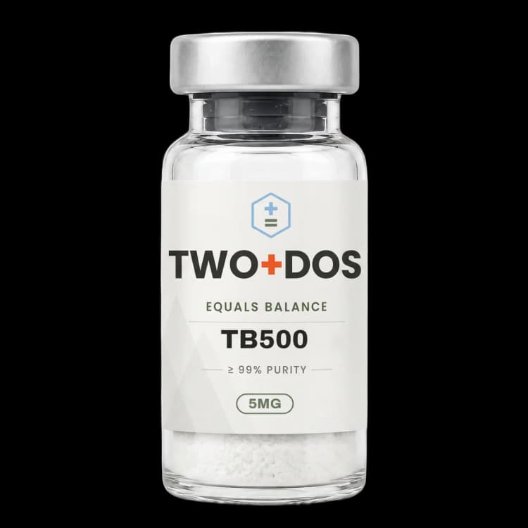 Thymosin Beta-4 (TB-500) research vial, lyophilized powder, TWO+DOS label